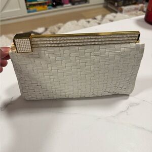 Judith Leiber White Woven Clutch with Gold Accents